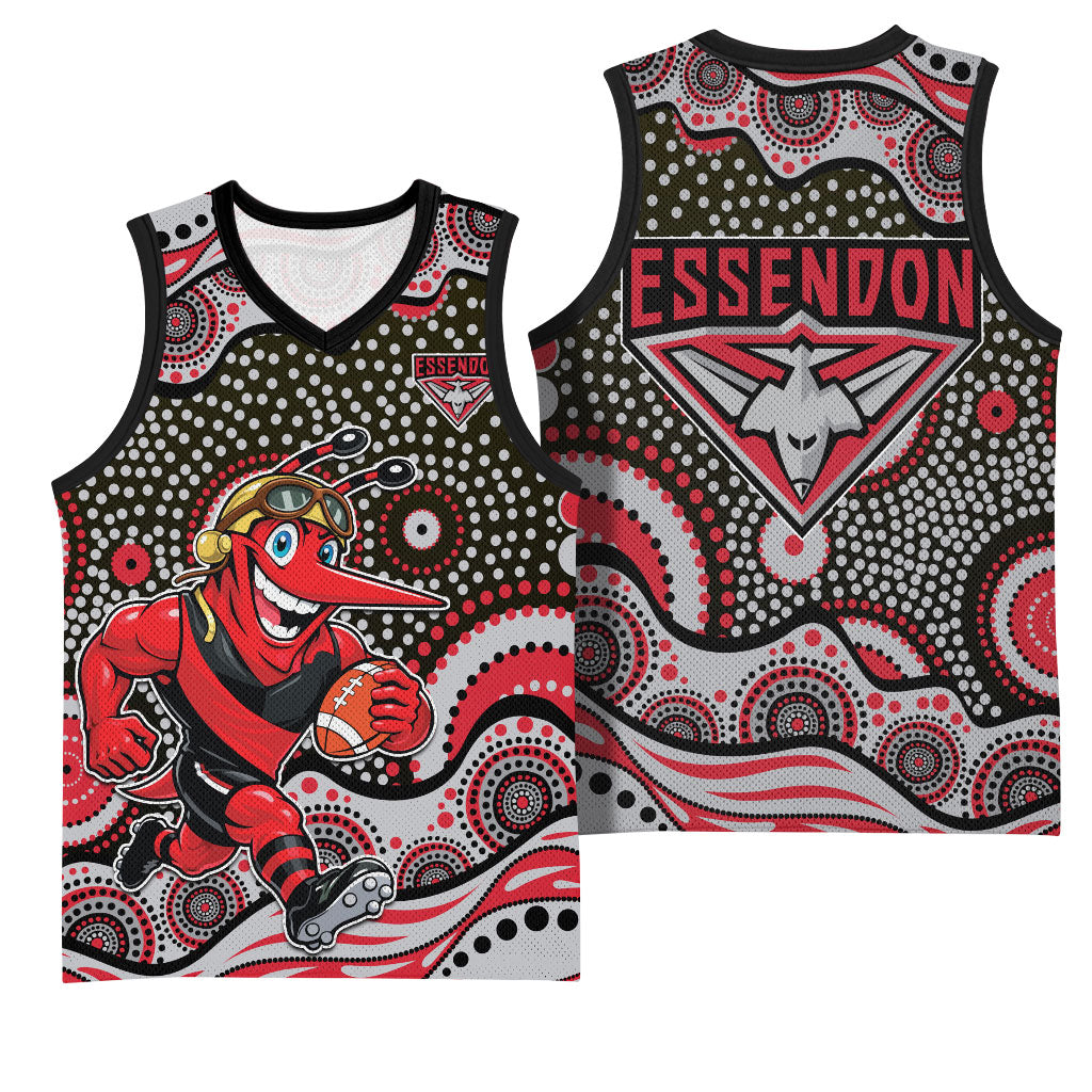 Essendon Bombers Basketball Jersey Aboriginal Dot Pattern - Football Mascot Heritage Pride