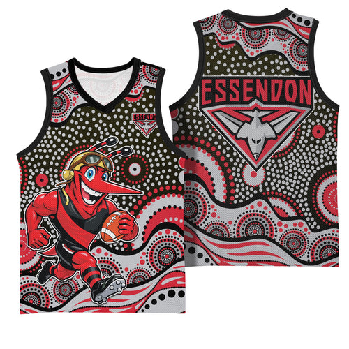 Essendon Bombers Basketball Jersey Aboriginal Dot Pattern - Football Mascot Heritage Pride