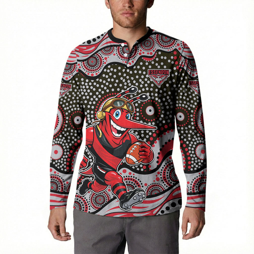 Essendon Bombers Button Sweatshirt Aboriginal Dot Pattern - Football Mascot Heritage Pride