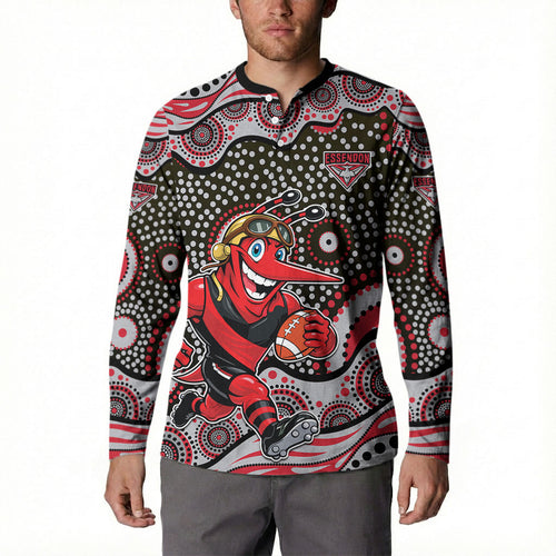 Essendon Bombers Button Sweatshirt Aboriginal Dot Pattern - Football Mascot Heritage Pride