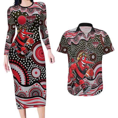 Essendon Bombers Couples Matching Long Sleeve Bodycon Dress and Hawaiian Shirt Aboriginal Dot Pattern - Football Mascot Heritage Pride