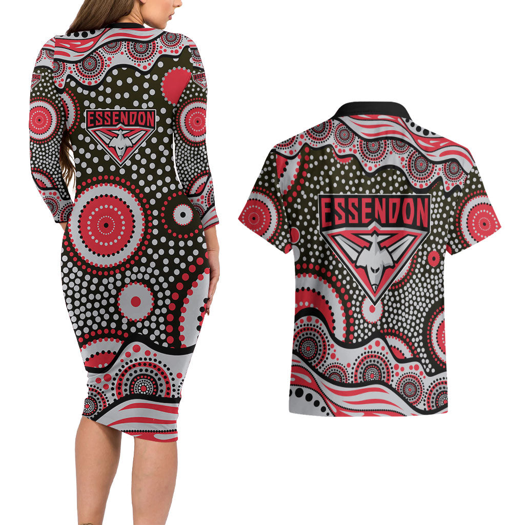 Essendon Bombers Couples Matching Long Sleeve Bodycon Dress and Hawaiian Shirt Aboriginal Dot Pattern - Football Mascot Heritage Pride