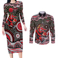Essendon Bombers Couples Matching Long Sleeve Bodycon Dress and Long Sleeve Button Shirt Aboriginal Dot Pattern - Football Mascot Heritage Pride