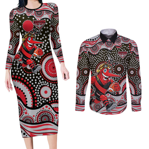 Essendon Bombers Couples Matching Long Sleeve Bodycon Dress and Long Sleeve Button Shirt Aboriginal Dot Pattern - Football Mascot Heritage Pride