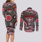 Essendon Bombers Couples Matching Long Sleeve Bodycon Dress and Long Sleeve Button Shirt Aboriginal Dot Pattern - Football Mascot Heritage Pride