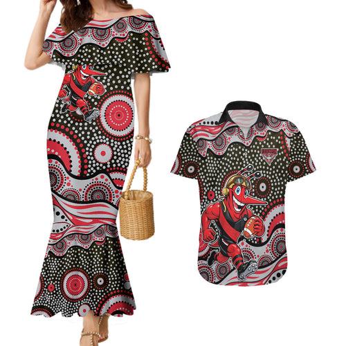 Essendon Bombers Couples Matching Mermaid Dress and Hawaiian Shirt Aboriginal Dot Pattern - Football Mascot Heritage Pride