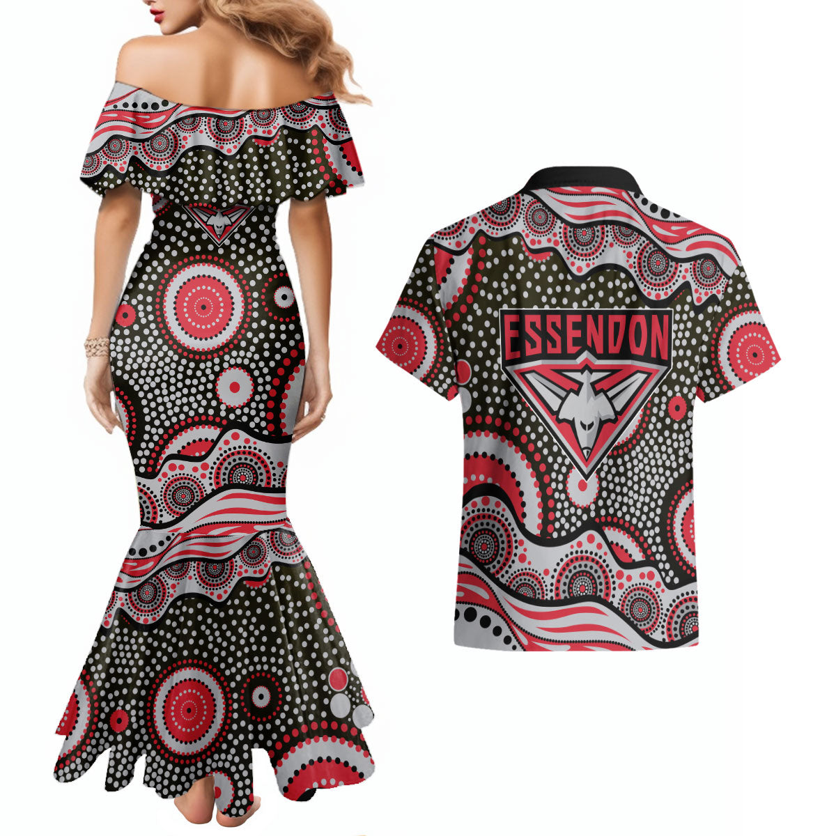 Essendon Bombers Couples Matching Mermaid Dress and Hawaiian Shirt Aboriginal Dot Pattern - Football Mascot Heritage Pride