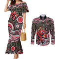 Essendon Bombers Couples Matching Mermaid Dress and Long Sleeve Button Shirt Aboriginal Dot Pattern - Football Mascot Heritage Pride