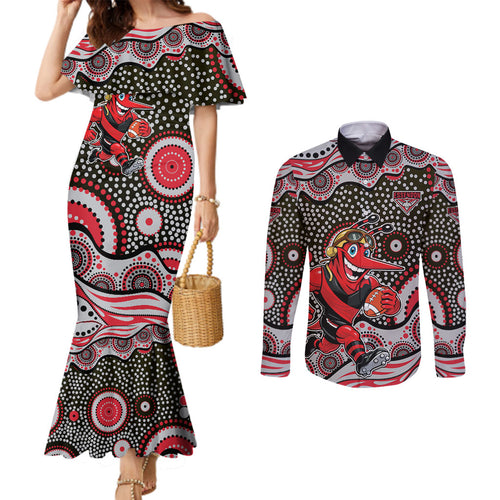 Essendon Bombers Couples Matching Mermaid Dress and Long Sleeve Button Shirt Aboriginal Dot Pattern - Football Mascot Heritage Pride
