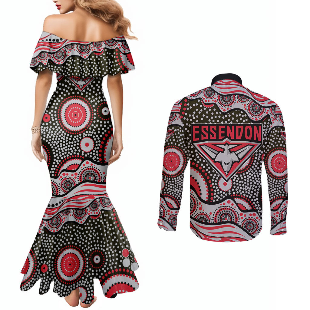 Essendon Bombers Couples Matching Mermaid Dress and Long Sleeve Button Shirt Aboriginal Dot Pattern - Football Mascot Heritage Pride