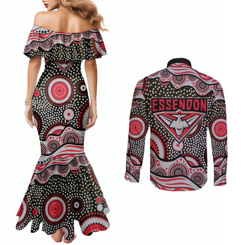 Essendon Bombers Couples Matching Mermaid Dress and Long Sleeve Button Shirt Aboriginal Dot Pattern - Football Mascot Heritage Pride