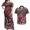 Essendon Bombers Couples Matching Off Shoulder Maxi Dress and Hawaiian Shirt Aboriginal Dot Pattern - Football Mascot Heritage Pride