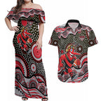 Essendon Bombers Couples Matching Off Shoulder Maxi Dress and Hawaiian Shirt Aboriginal Dot Pattern - Football Mascot Heritage Pride