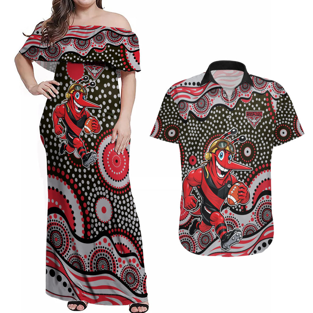 Essendon Bombers Couples Matching Off Shoulder Maxi Dress and Hawaiian Shirt Aboriginal Dot Pattern - Football Mascot Heritage Pride
