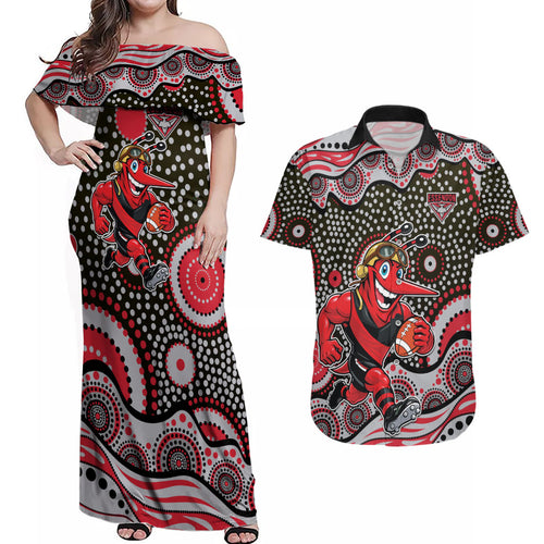 Essendon Bombers Couples Matching Off Shoulder Maxi Dress and Hawaiian Shirt Aboriginal Dot Pattern - Football Mascot Heritage Pride