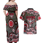 Essendon Bombers Couples Matching Off Shoulder Maxi Dress and Hawaiian Shirt Aboriginal Dot Pattern - Football Mascot Heritage Pride