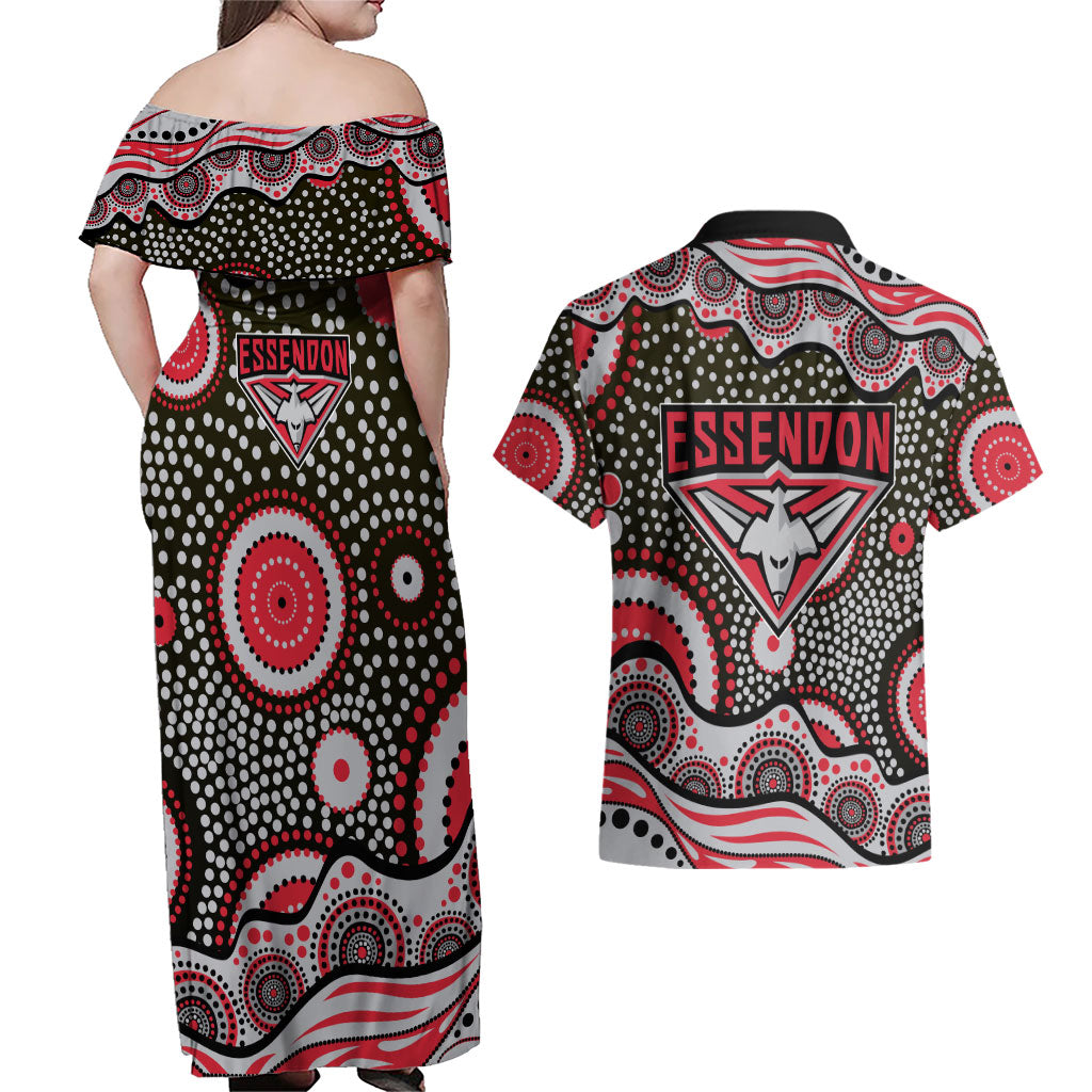 Essendon Bombers Couples Matching Off Shoulder Maxi Dress and Hawaiian Shirt Aboriginal Dot Pattern - Football Mascot Heritage Pride