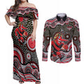 Essendon Bombers Couples Matching Off Shoulder Maxi Dress and Long Sleeve Button Shirt Aboriginal Dot Pattern - Football Mascot Heritage Pride