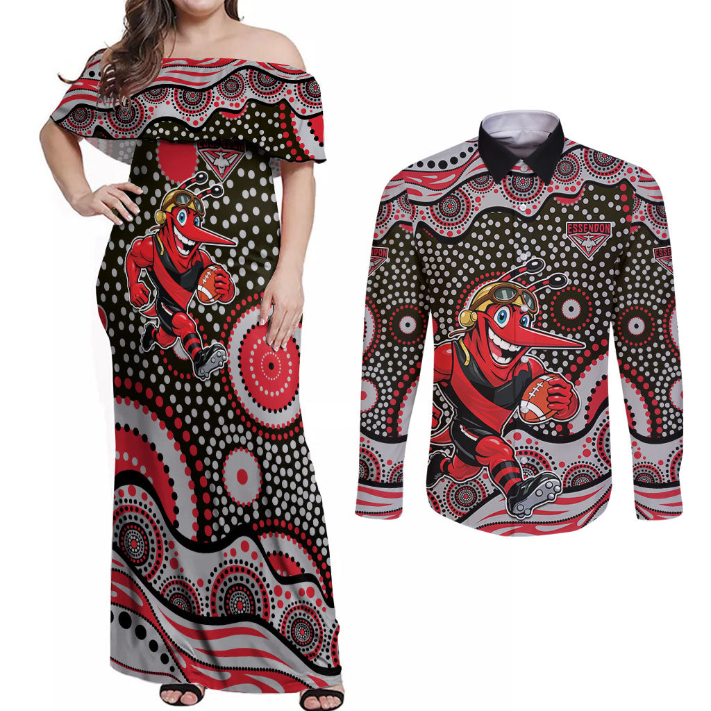 Essendon Bombers Couples Matching Off Shoulder Maxi Dress and Long Sleeve Button Shirt Aboriginal Dot Pattern - Football Mascot Heritage Pride