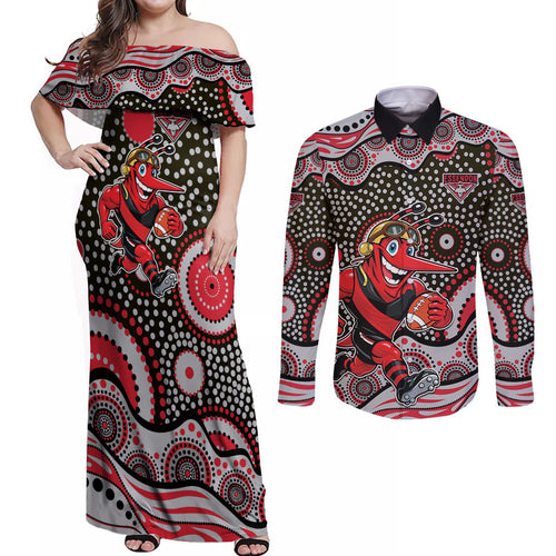 Essendon Bombers Couples Matching Off Shoulder Maxi Dress and Long Sleeve Button Shirt Aboriginal Dot Pattern - Football Mascot Heritage Pride