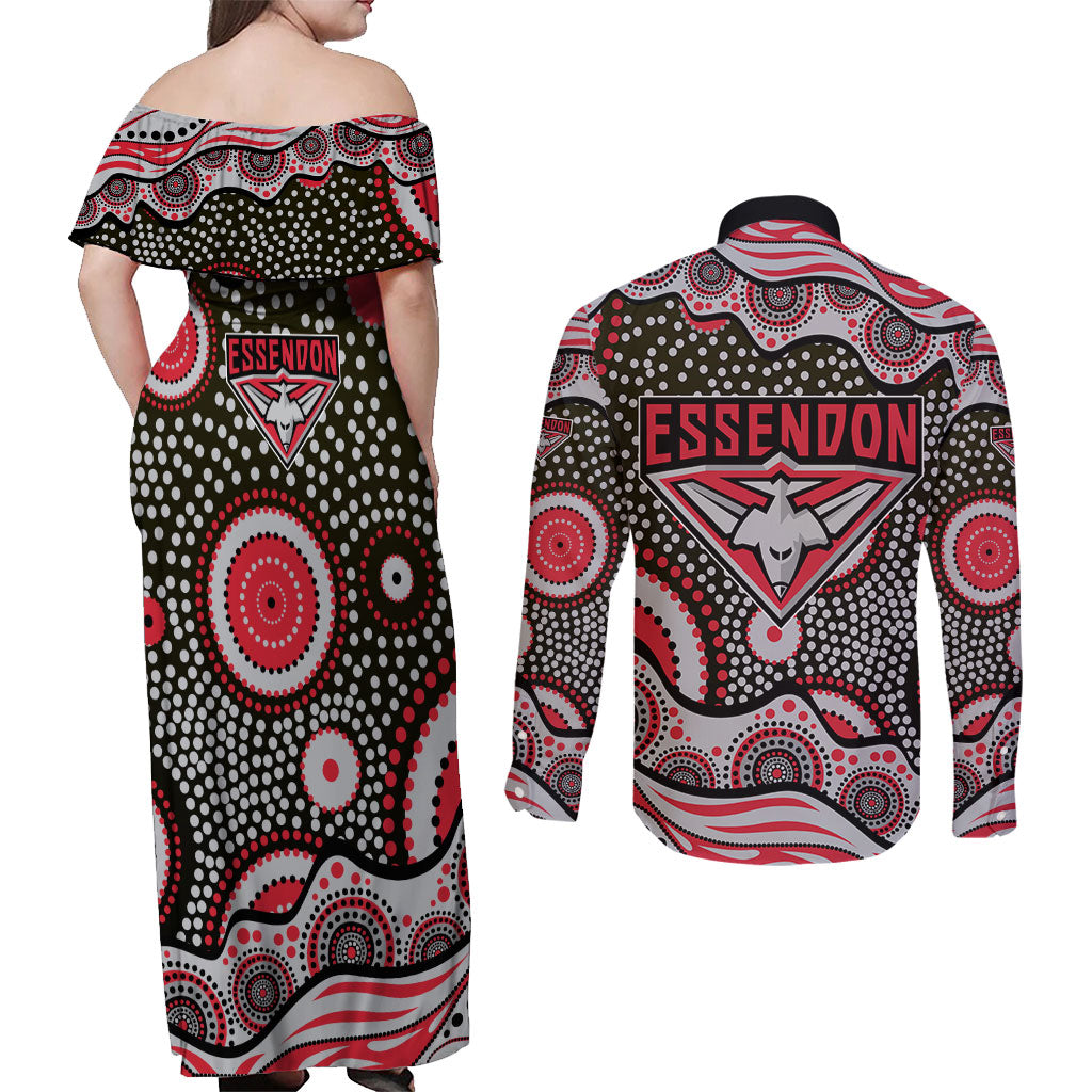 Essendon Bombers Couples Matching Off Shoulder Maxi Dress and Long Sleeve Button Shirt Aboriginal Dot Pattern - Football Mascot Heritage Pride
