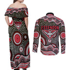 Essendon Bombers Couples Matching Off Shoulder Maxi Dress and Long Sleeve Button Shirt Aboriginal Dot Pattern - Football Mascot Heritage Pride