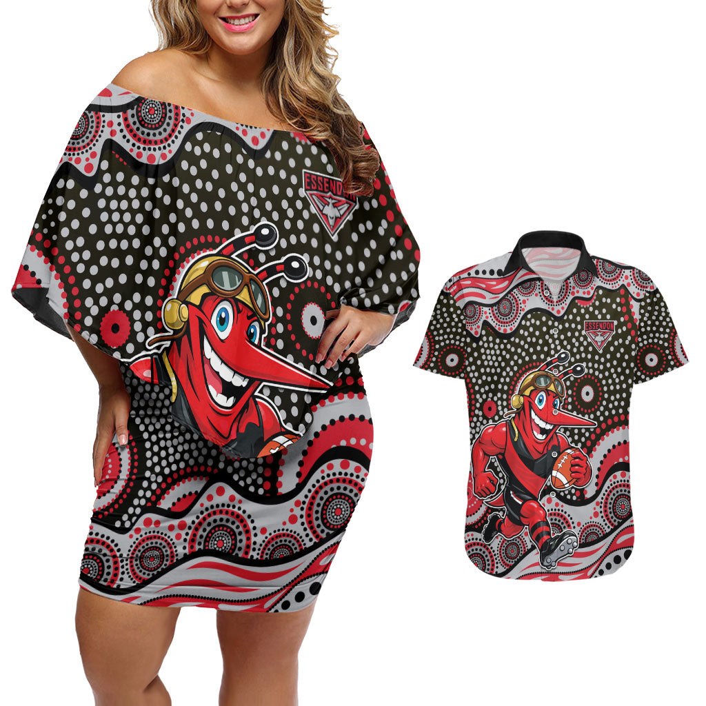 Essendon Bombers Couples Matching Off Shoulder Short Dress and Hawaiian Shirt Aboriginal Dot Pattern - Football Mascot Heritage Pride
