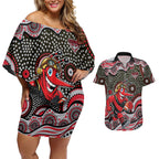 Essendon Bombers Couples Matching Off Shoulder Short Dress and Hawaiian Shirt Aboriginal Dot Pattern - Football Mascot Heritage Pride