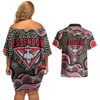 Essendon Bombers Couples Matching Off Shoulder Short Dress and Hawaiian Shirt Aboriginal Dot Pattern - Football Mascot Heritage Pride