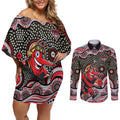 Essendon Bombers Couples Matching Off Shoulder Short Dress and Long Sleeve Button Shirt Aboriginal Dot Pattern - Football Mascot Heritage Pride