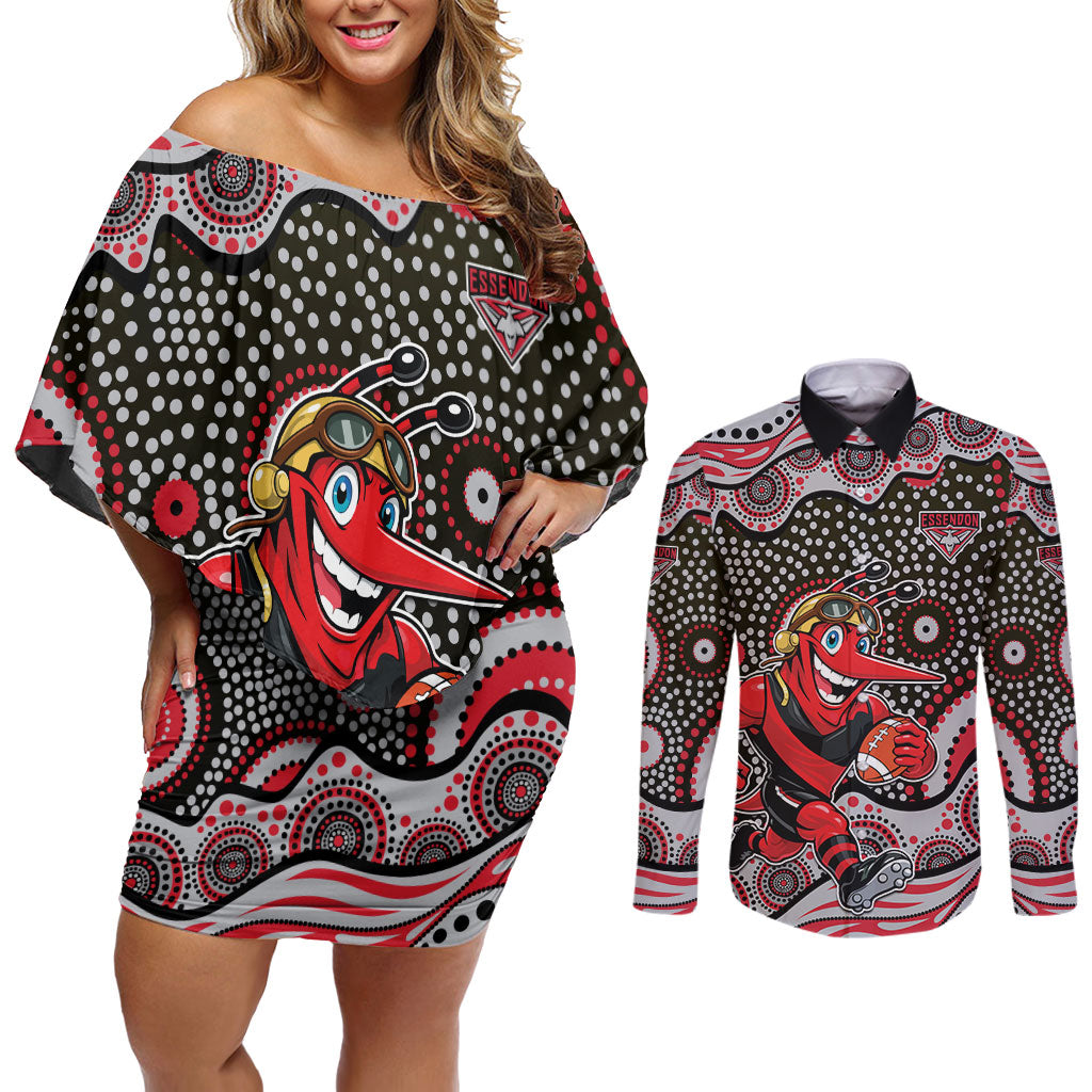 Essendon Bombers Couples Matching Off Shoulder Short Dress and Long Sleeve Button Shirt Aboriginal Dot Pattern - Football Mascot Heritage Pride