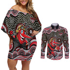 Essendon Bombers Couples Matching Off Shoulder Short Dress and Long Sleeve Button Shirt Aboriginal Dot Pattern - Football Mascot Heritage Pride