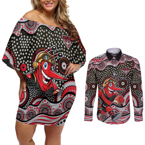 Essendon Bombers Couples Matching Off Shoulder Short Dress and Long Sleeve Button Shirt Aboriginal Dot Pattern - Football Mascot Heritage Pride