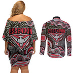 Essendon Bombers Couples Matching Off Shoulder Short Dress and Long Sleeve Button Shirt Aboriginal Dot Pattern - Football Mascot Heritage Pride