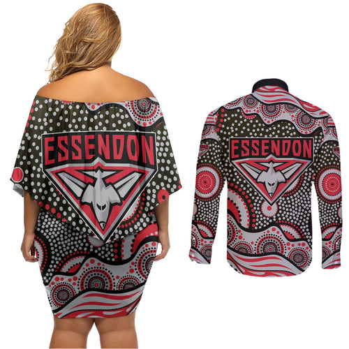 Essendon Bombers Couples Matching Off Shoulder Short Dress and Long Sleeve Button Shirt Aboriginal Dot Pattern - Football Mascot Heritage Pride