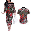 Essendon Bombers Couples Matching Off The Shoulder Long Sleeve Dress and Hawaiian Shirt Aboriginal Dot Pattern - Football Mascot Heritage Pride