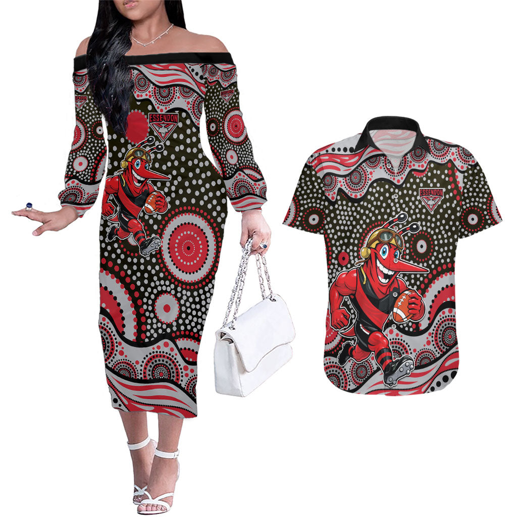 Essendon Bombers Couples Matching Off The Shoulder Long Sleeve Dress and Hawaiian Shirt Aboriginal Dot Pattern - Football Mascot Heritage Pride