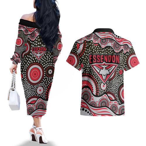 Essendon Bombers Couples Matching Off The Shoulder Long Sleeve Dress and Hawaiian Shirt Aboriginal Dot Pattern - Football Mascot Heritage Pride