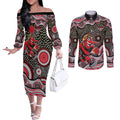 Essendon Bombers Couples Matching Off The Shoulder Long Sleeve Dress and Long Sleeve Button Shirt Aboriginal Dot Pattern - Football Mascot Heritage Pride
