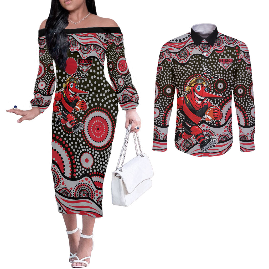 Essendon Bombers Couples Matching Off The Shoulder Long Sleeve Dress and Long Sleeve Button Shirt Aboriginal Dot Pattern - Football Mascot Heritage Pride