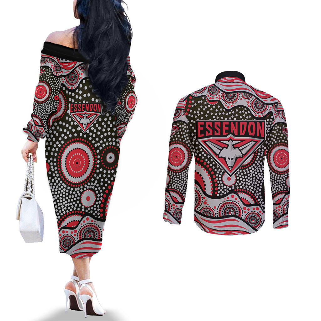 Essendon Bombers Couples Matching Off The Shoulder Long Sleeve Dress and Long Sleeve Button Shirt Aboriginal Dot Pattern - Football Mascot Heritage Pride