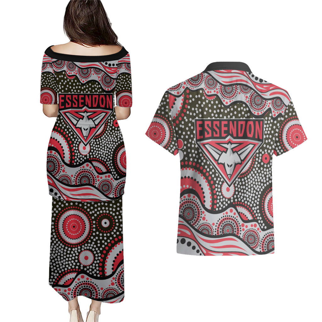 Essendon Bombers Couples Matching Puletasi and Hawaiian Shirt Aboriginal Dot Pattern - Football Mascot Heritage Pride