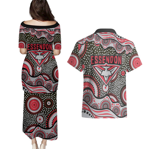 Essendon Bombers Couples Matching Puletasi and Hawaiian Shirt Aboriginal Dot Pattern - Football Mascot Heritage Pride