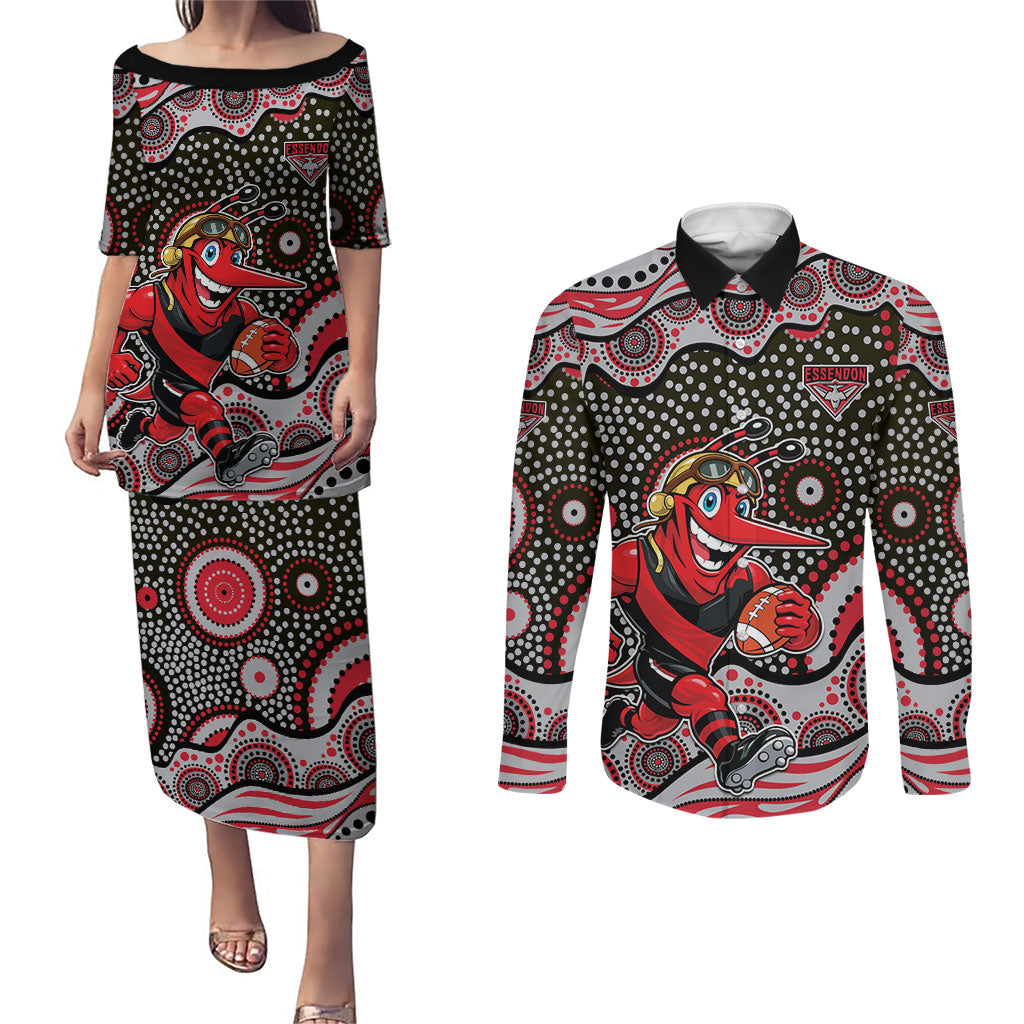 Essendon Bombers Couples Matching Puletasi and Long Sleeve Button Shirt Aboriginal Dot Pattern - Football Mascot Heritage Pride