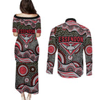 Essendon Bombers Couples Matching Puletasi and Long Sleeve Button Shirt Aboriginal Dot Pattern - Football Mascot Heritage Pride