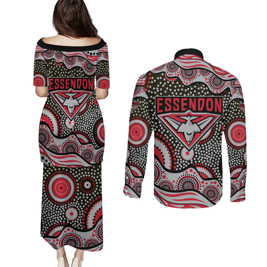 Essendon Bombers Couples Matching Puletasi and Long Sleeve Button Shirt Aboriginal Dot Pattern - Football Mascot Heritage Pride