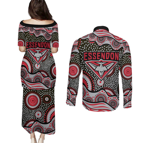 Essendon Bombers Couples Matching Puletasi and Long Sleeve Button Shirt Aboriginal Dot Pattern - Football Mascot Heritage Pride
