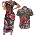 Essendon Bombers Couples Matching Short Sleeve Bodycon Dress and Hawaiian Shirt Aboriginal Dot Pattern - Football Mascot Heritage Pride