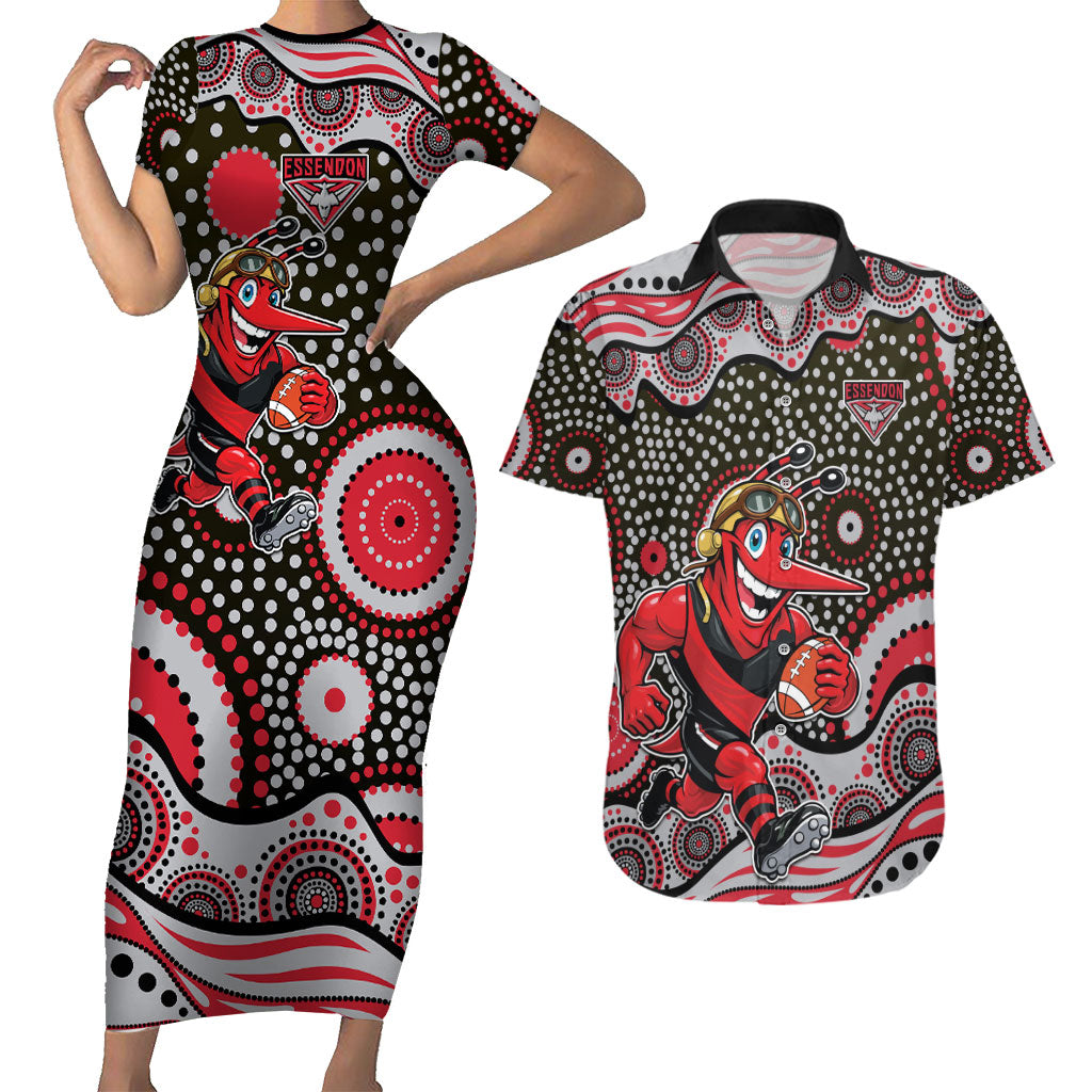 Essendon Bombers Couples Matching Short Sleeve Bodycon Dress and Hawaiian Shirt Aboriginal Dot Pattern - Football Mascot Heritage Pride