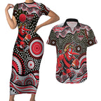Essendon Bombers Couples Matching Short Sleeve Bodycon Dress and Hawaiian Shirt Aboriginal Dot Pattern - Football Mascot Heritage Pride